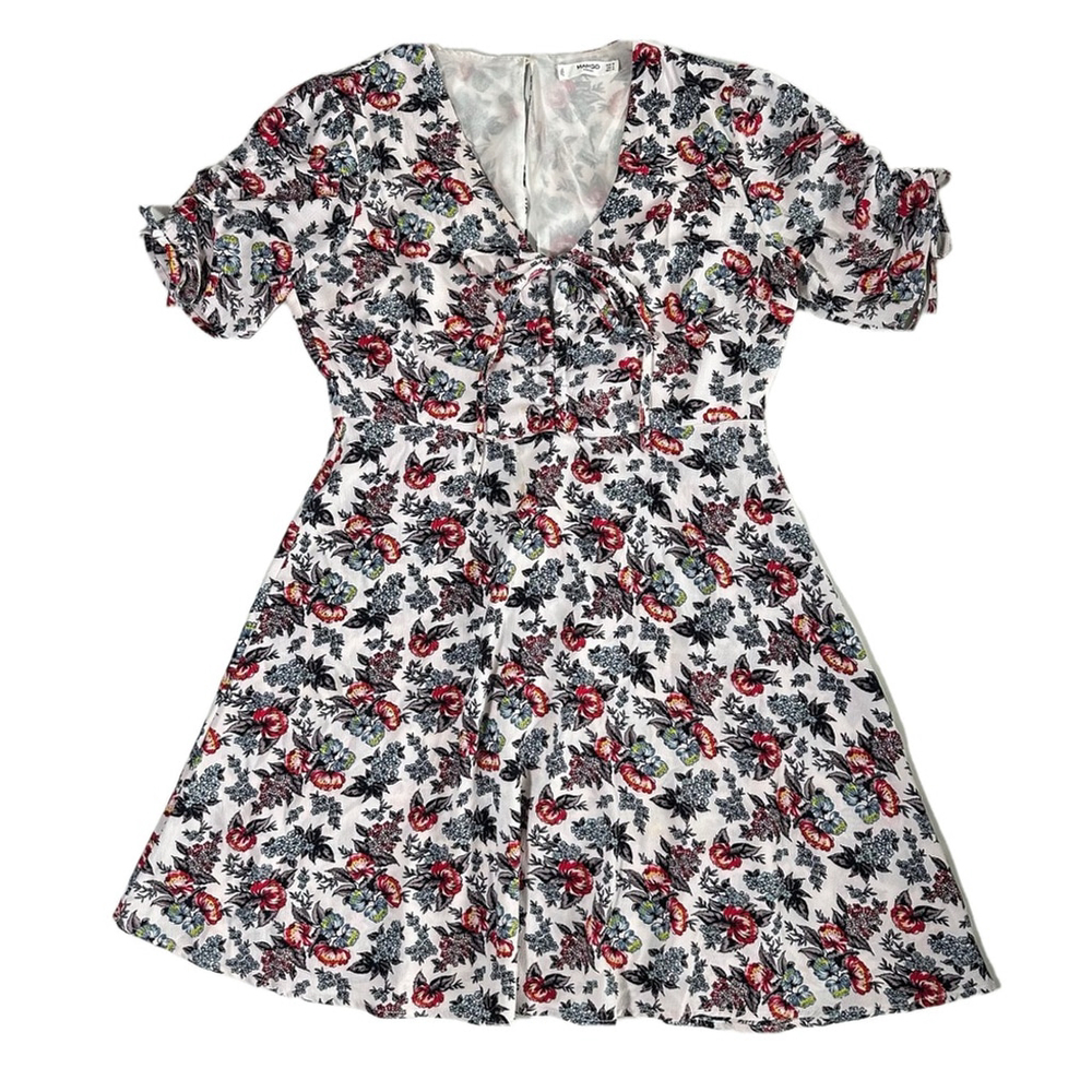 Mango Multicolor Floral Mini Dress Fit Flare Lined Drawcord Cinched Sleeve 6